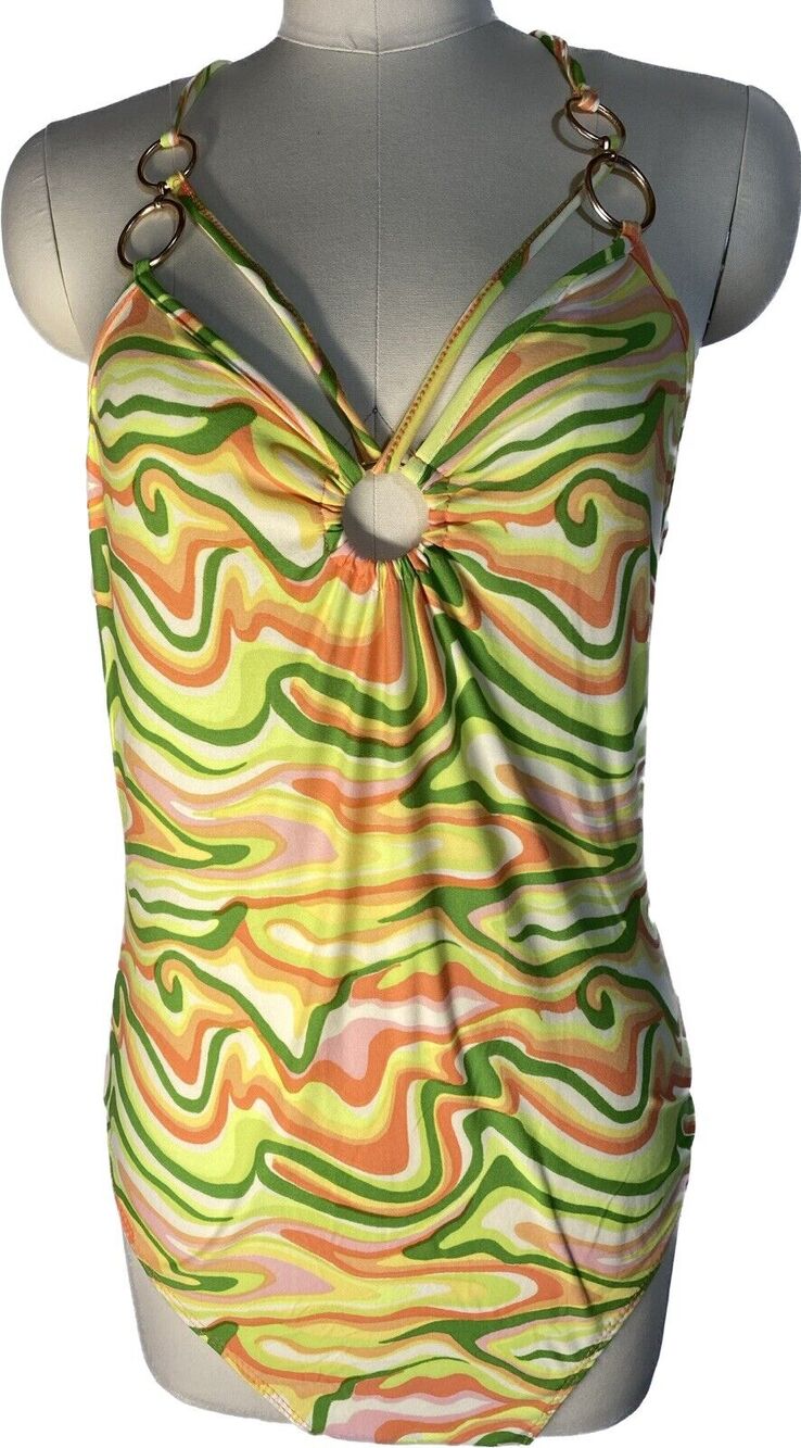 New Mod Psychedelic Bodysuit Orange Yellow Green Marbled Rue21 Womens Juniors L